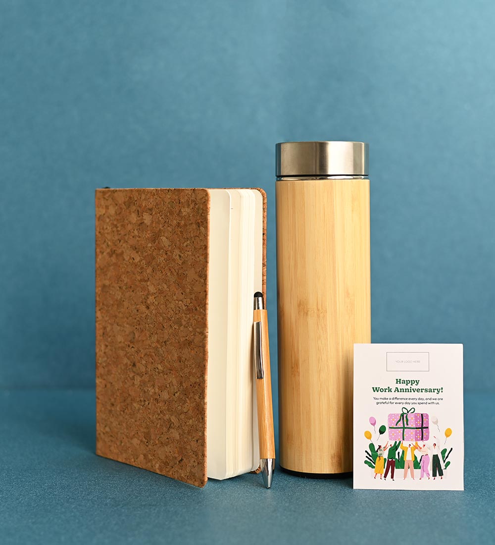 Plant with Cork Notebook, Pen & Bamboo Vacuum Flask