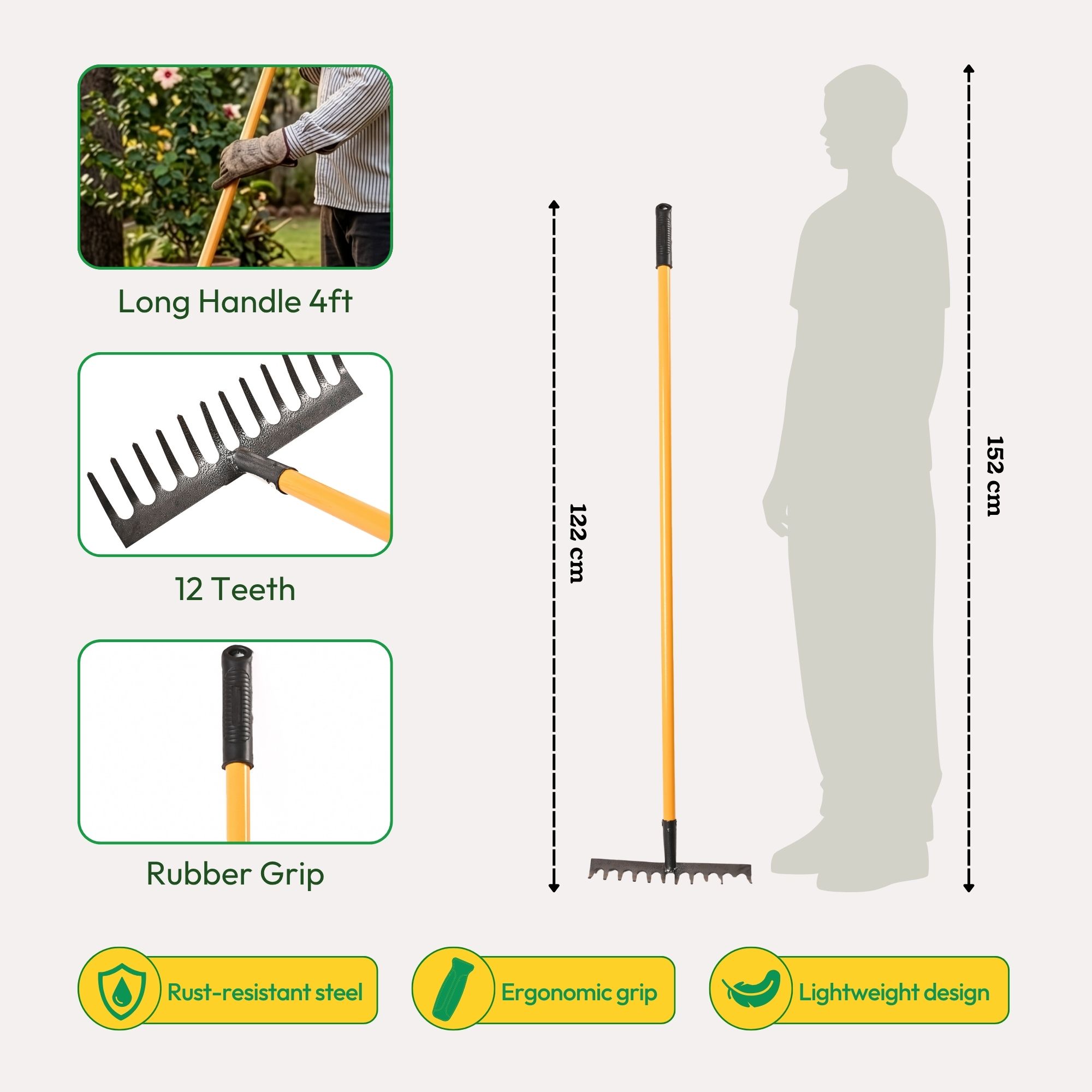 Garden Rake With Long Handle - 12 Teeth - 4 ft