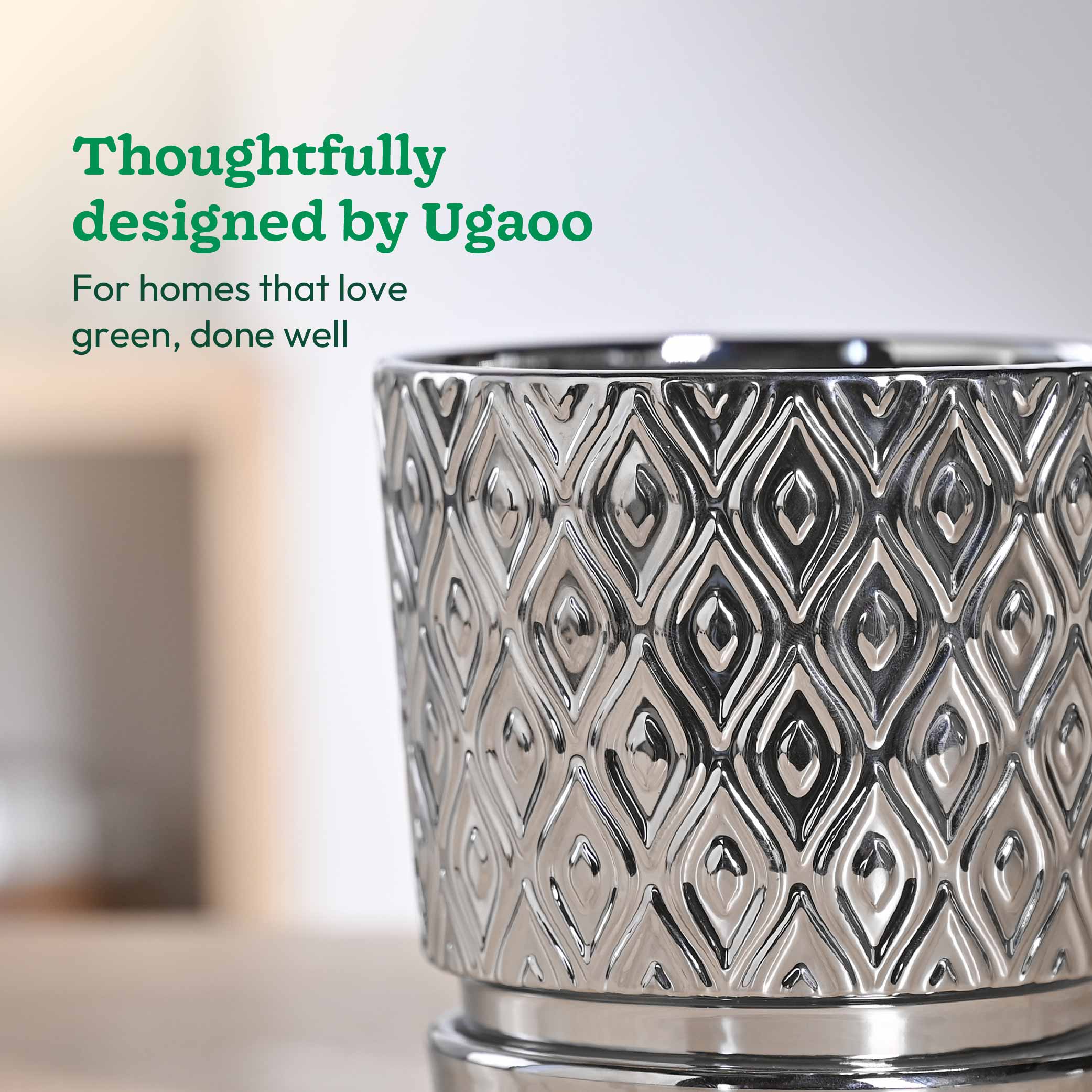 Ceramic Plant Pot with Drainage – Silver-Gold Peacock | Ugaoo