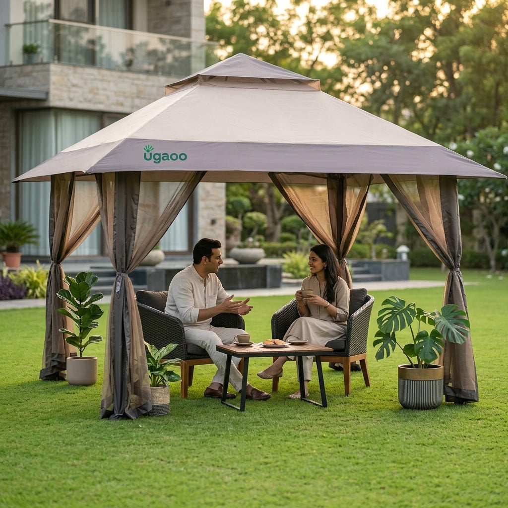 Luxury Pop-Up Gazebo Tent 13x13 ft with Netting &amp; Wheeled STO-N-Go Bag | Beige &amp; Coffee
